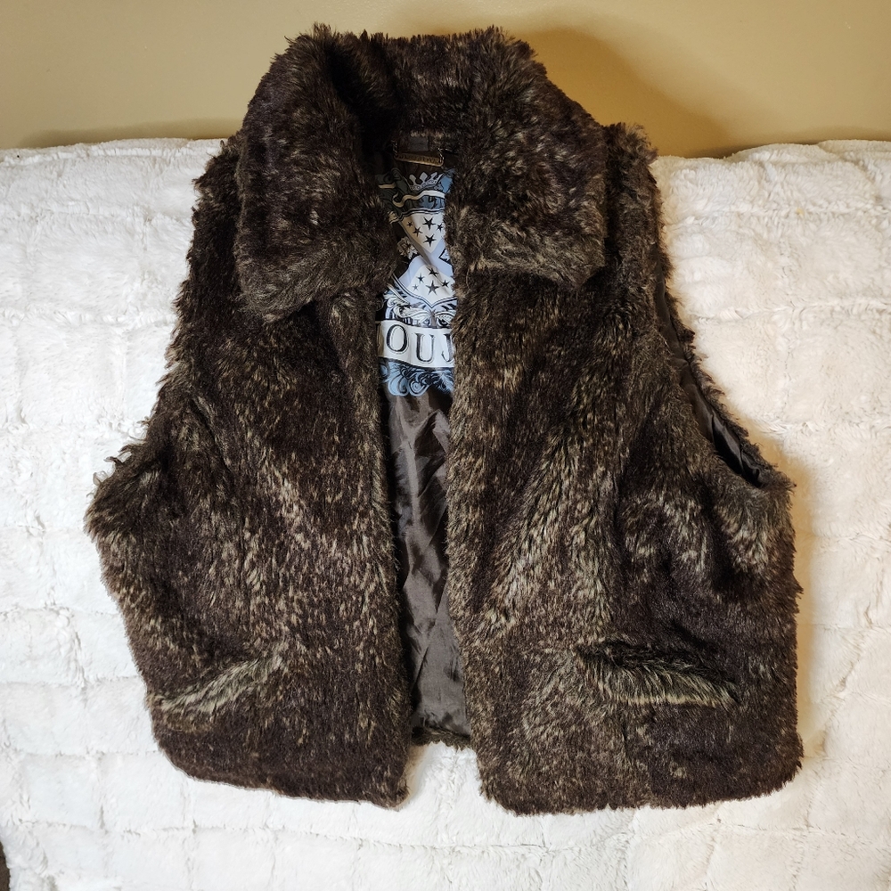 Women's Jou Jou Brown Faux Fur Vest with a touch of punk style Size L